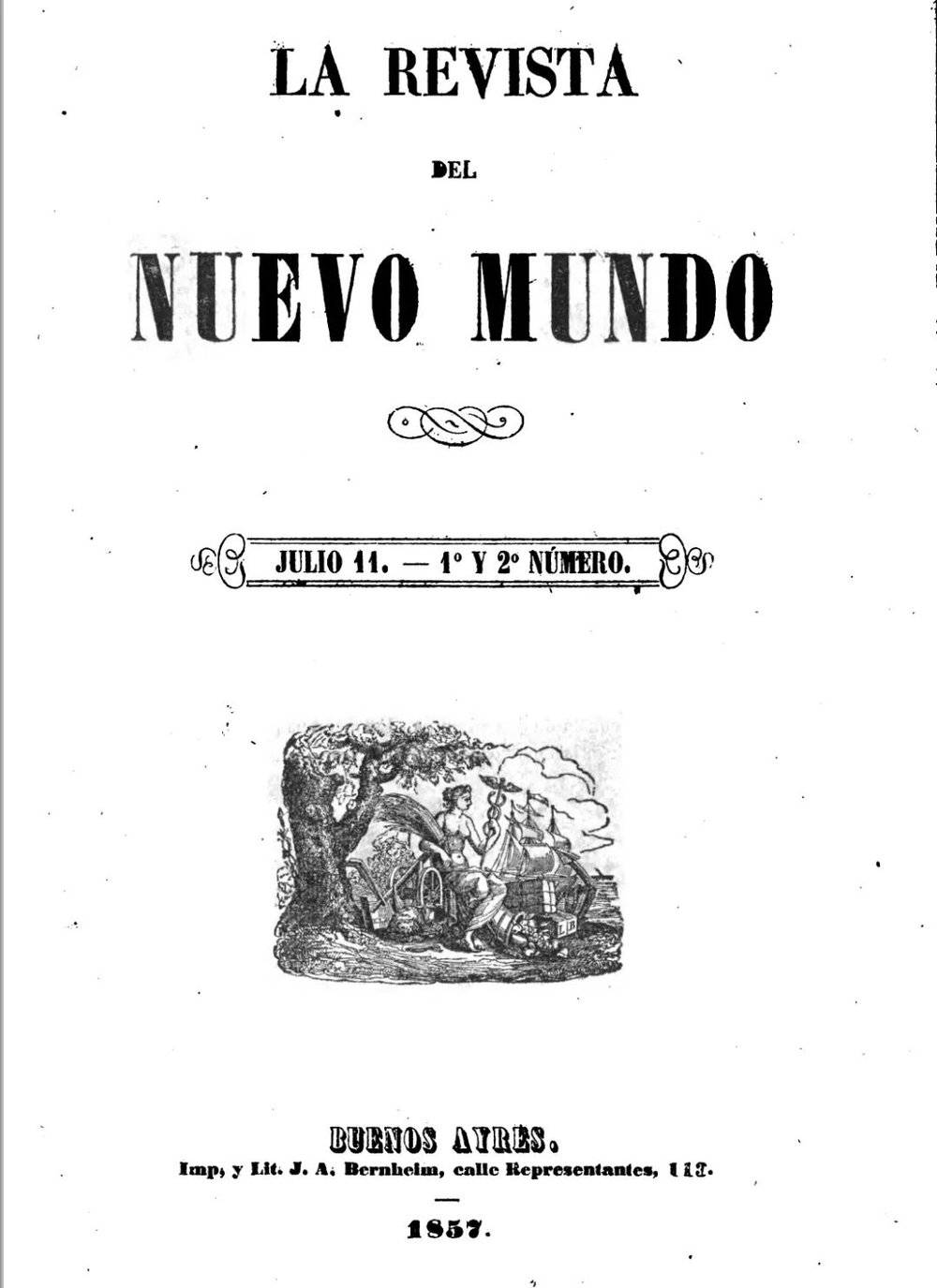 1857年在布宜诺斯艾利斯出版的《新世界杂志》（<em>La Revista del Nuevo Mundo</em>），毕尔巴鄂为该杂志的创始人之一，在第一期上也刊有他撰写的发刊词，呼吁团结，共同建立“南部美洲同盟”（Confederación de la Americana del Sur）（来源：《新世界杂志》第1-12卷合计本首页，下载于谷歌图书）<br>