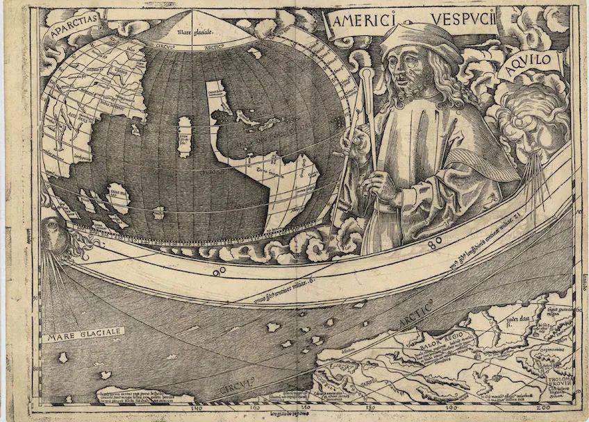 马丁·瓦尔德泽米勒的世界地图右上侧，正绘有亚美利哥·维斯普奇的画像<br>