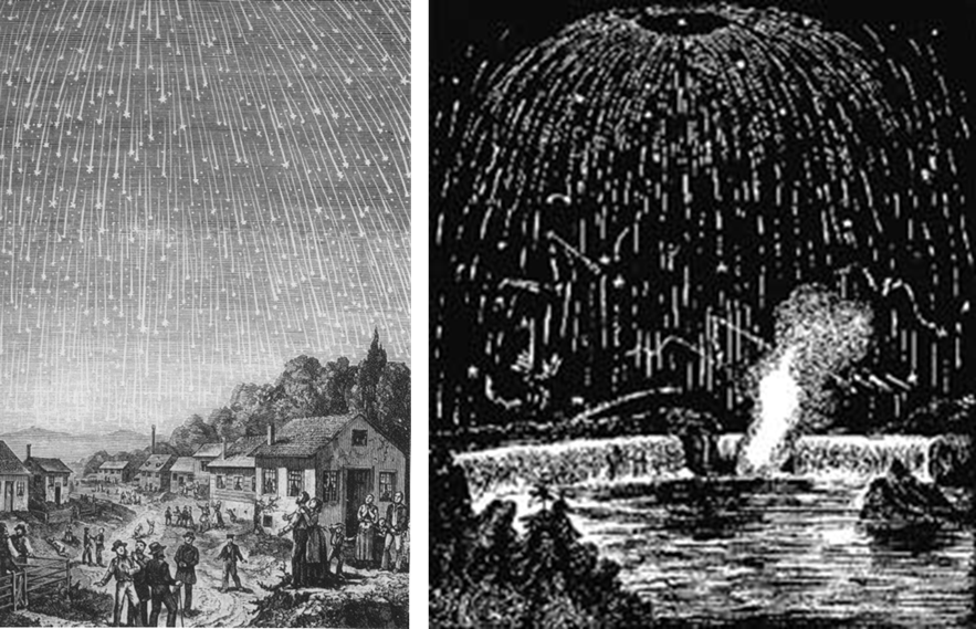 图3. 两幅对1833年狮子座流星暴的形象描绘作品（图源：wikipedia/Leonids）<br>