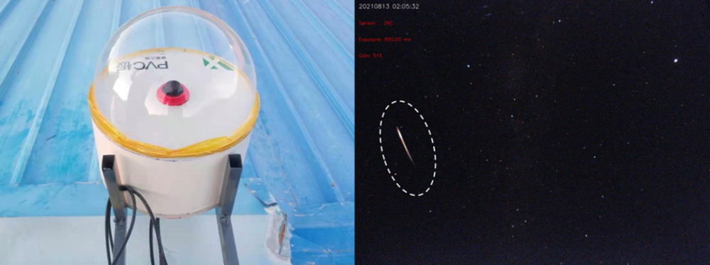 图5. 我们在站上利用行星相机简易搭建的全天相机（左）以及捕捉到的一张流星照片（右）<br>