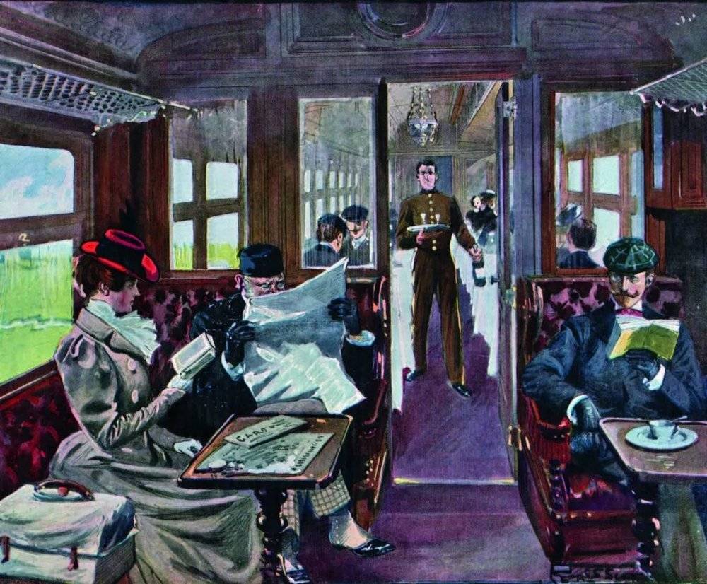 豪华列车上的沙龙与餐厅，匿名插图，法国《画报》，1899年。/《流动的餐桌：世界铁路饮食纪行》<br>
