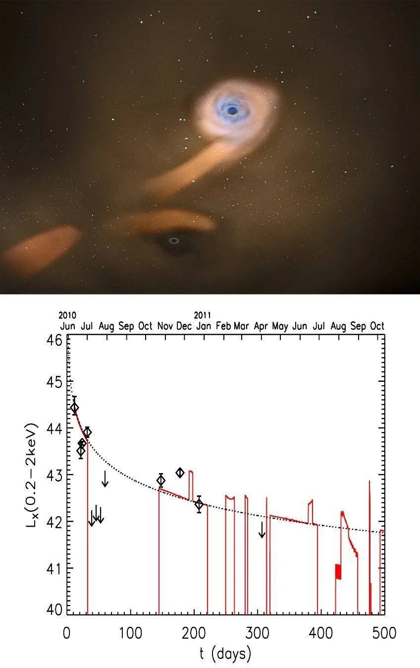 图4. 上图：星系中心互相绕转的超大质量双黑洞潮汐瓦解艺术想象图。主黑洞将一颗恒星撕裂成细长气体流，该气体流在流向黑洞形成围绕黑洞旋转的吸积盘时被高温加热产生X-射线辐射。当次黑洞绕转到气体流附近（无需穿过）时，产生的破坏性引力扰动作用使气体流中部分气体飞离，留下一段空隙。X-射线光变曲线则相应地出现突然下跌直至黑暗的现象（绘图：ESA -C.Carreau）下图：双黑洞对星系SDSS J120136.02+300305.5  X-射线光变曲线的完整重构（红实线)。图中菱形符号为观测值，向下的箭头代表X-射线源亮度低于探测极限时得到的流量上限，表明实际亮度低于该值。黑色虚线为单黑洞潮汐瓦解的典型光变曲线。（图源：Liu et.al. 2014）
