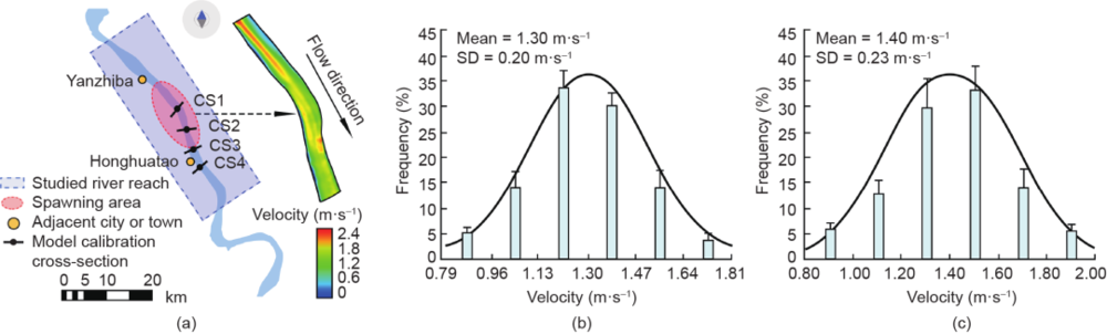 图4（a）研究河段的流速和产卵事件的产卵地点；在田间试验中，在长江中游的触发速度（n = 20）（b）和优先流速（n = 11）（c）。SD：标准偏差；n：产卵事件的数量<br label=图片备注 class=text-img-note>