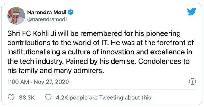 Kohli去世后，印度总理莫迪特地发推文悼念