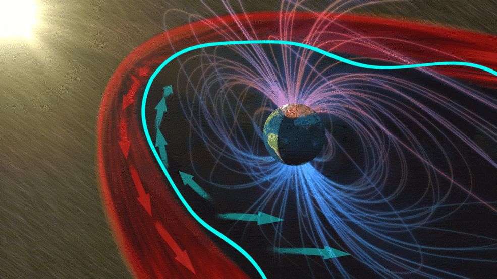 太阳风吹向地球（图片来源: Martin Archer/Emmanuel Masongsong/NASA）<br label=图片备注 class=text-img-note>