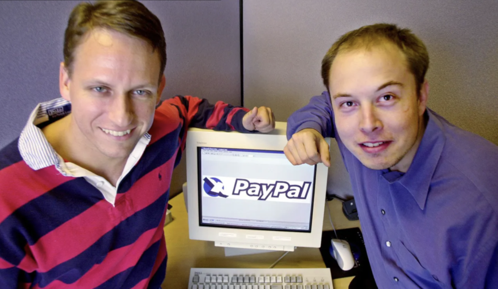 2000年，PayPal的首席执行官Peter Thiel和联合创始人埃隆·马斯克<br>