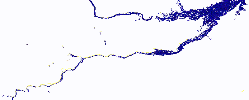 ▲1984至2018年，松花江流域佳木斯下游段的微小幅度变迁。这个角度看起来没有蜿蜒的美，却能让人想起2013年遍地的洪水