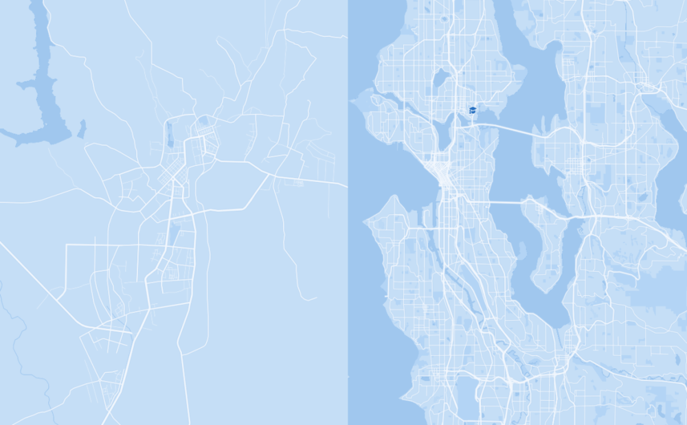 ▲人口多于西雅图（上图右）的鹤岗（上图左），城市建设的水平从路网上看，差距就不小@Mapbox样式的底图