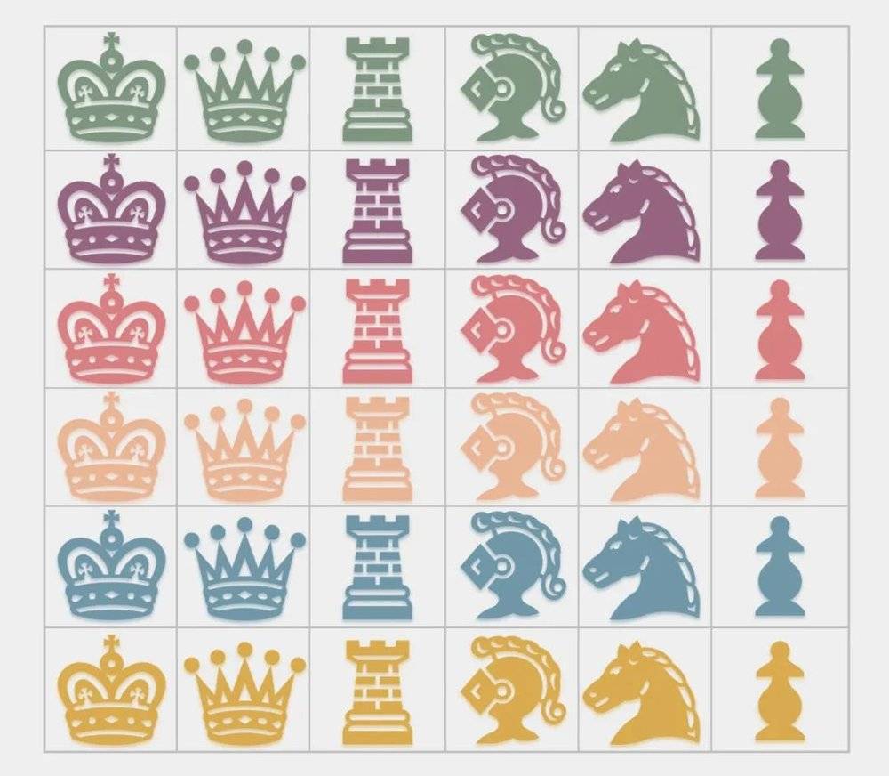 涉及来自6个军团的36名军官的谜题可以用有着不同颜色的国际象棋来表示，不同颜色代表不同的军团，象棋中的王、后、车、象、马、兵代表不同的军阶。