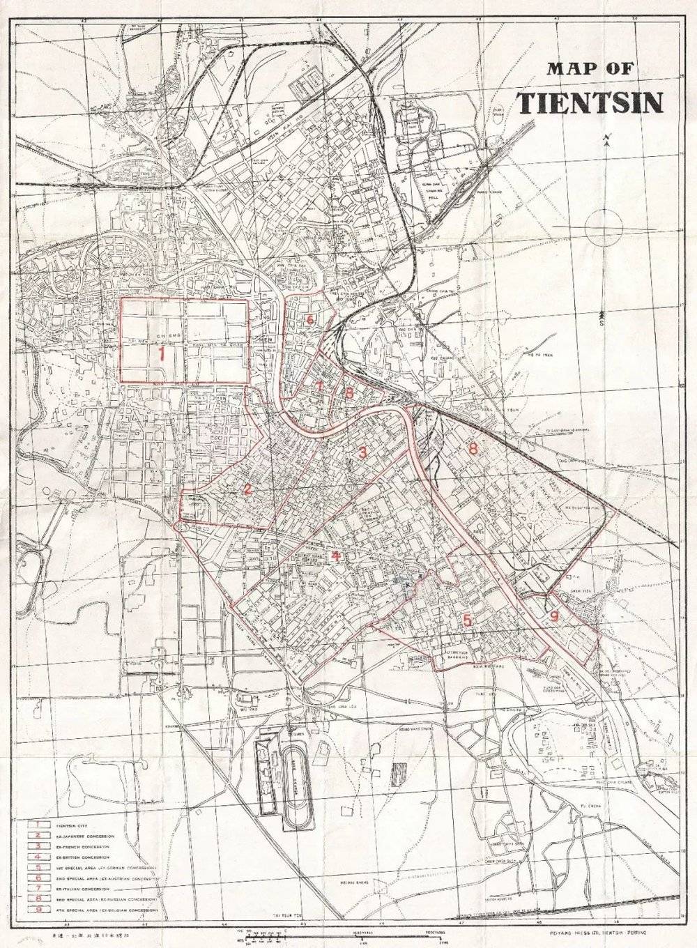 民国时的天津地图。图中标红区域除1为天津老城，均为列强租界。