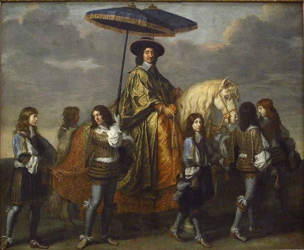 夏尔·勒·布朗于1670年绘制的《掌玺大臣塞吉埃》，画中表现塞吉埃对自身“穿袍贵族”的优越感，在他身边的青年骑士每个都是血统纯正优良的“配剑贵族”，却要服侍中产阶级出身的塞吉埃。/wiki<br>