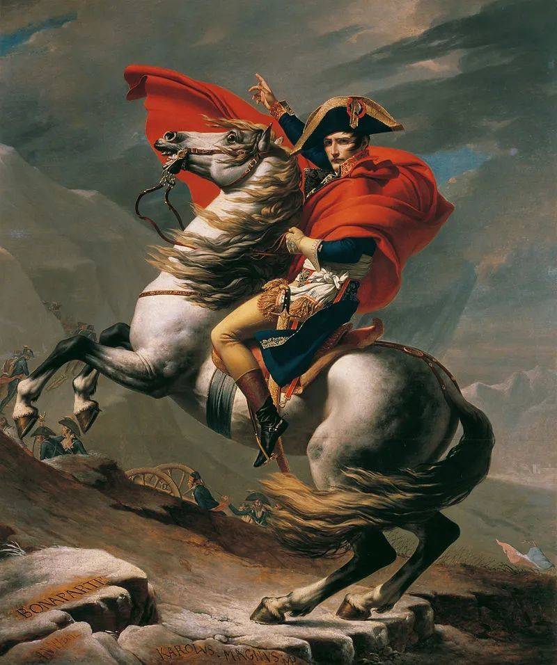 关于跨越阿尔卑斯山圣伯纳隘道的拿破仑的画作，拿破仑是典型的佩剑贵族。/wiki