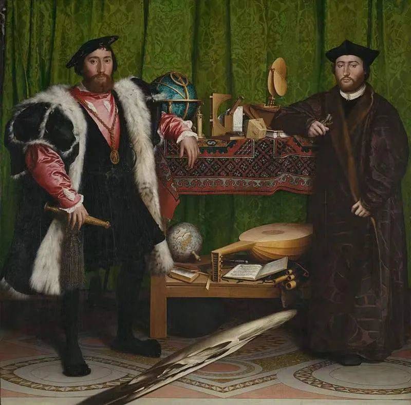 Hans Holbein the Younger，《The Ambassadors》，伦敦国家美术馆藏。“油画是要炫耀一种新的财富——一种生机勃勃，并由金钱强大的购买力所认许的财富。”——约翰·伯格<br>