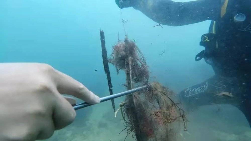 潜水员切割渔网<br>