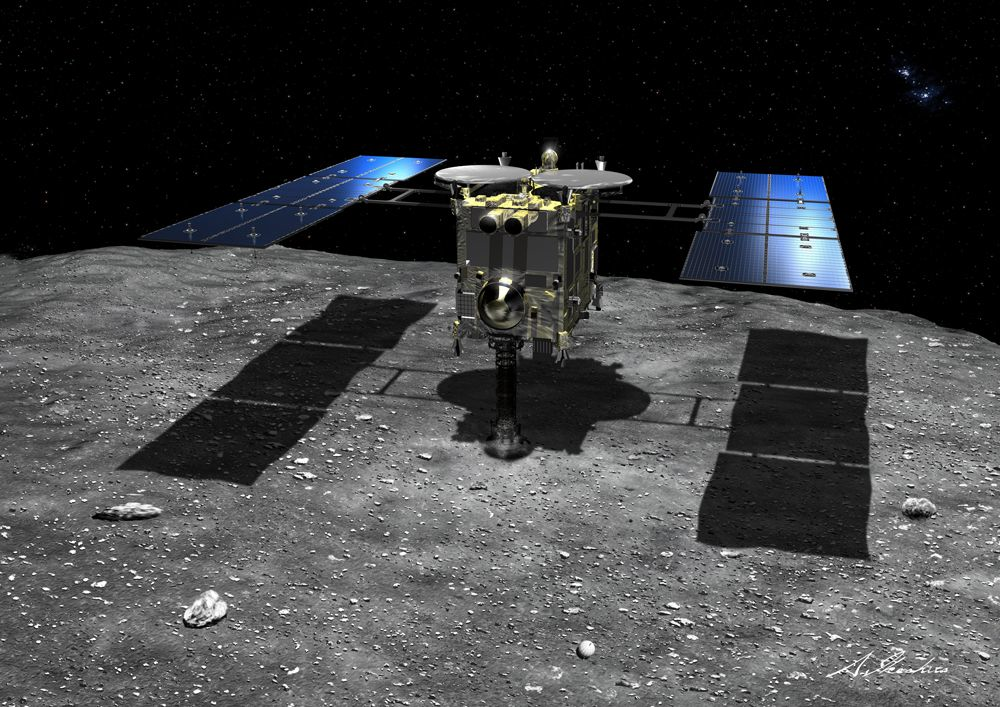 图为隼鸟2号探测器降落在小行星“龙宫”的模拟图。图源：日本宇宙航空研究开发机构<br label=图片备注 class=text-img-note>