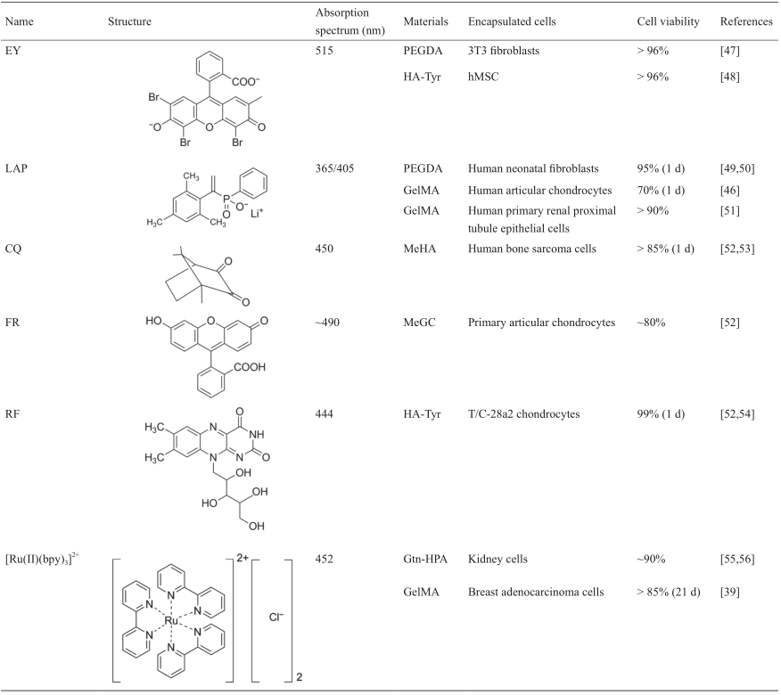 FR: fluorescein; RF: riboflavin; HA-Tyr: hyaluronic acid-tyramine; MeHA: methacrylated hyaluronic acid; MeGC: methacrylated glycol chitosan; Gtn-HPA: gelatin-hydroxyphenylpropionic acid; hMSC: human marrow stromal cell. [Ru(II)(bpy)<sub>3</sub>]<sup>2+</sup>: tris(2,2′-bipyridyl)dichlororuthenium(II) hexahydrate.<br>