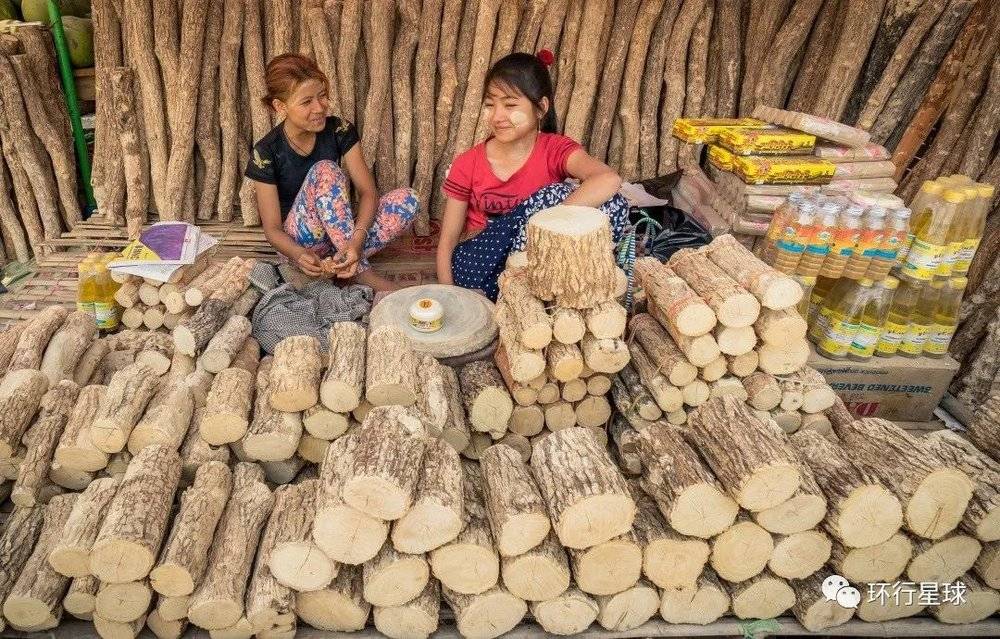 蒲甘市场上卖黄香楝木段的商贩