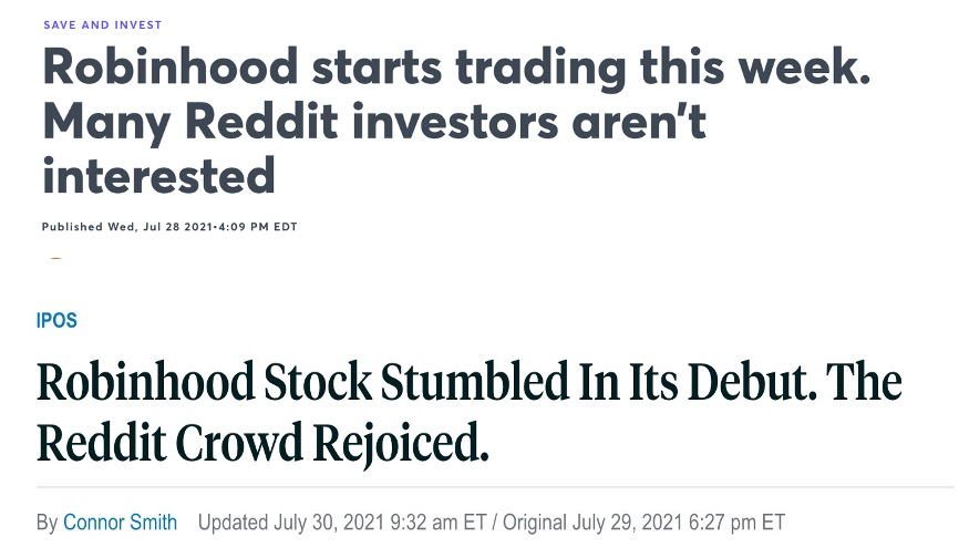 关于散户们对Robinhood股票并不感兴趣的报道，图片来自CNET、巴伦周刊