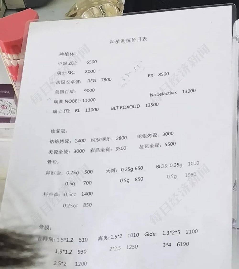 记者获得的湖南省人民医院种植牙价目表<br>