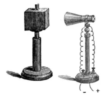 图6.物理学家约翰·莱斯利（John Leslie）于1804年发明了莱斯利立方体（左）。立方体有四个与地面垂直的表面，其中三个面分别镀了一层金、银和铜，另外一面覆盖了白云母涂膜（varnish of isinglass）。当立方体中装满沸水，温度探测仪（右）从白云母面探测到的热量发射显著强于其它三面。| 图源：Wikipedia<br label=图片备注 class=text-img-note>