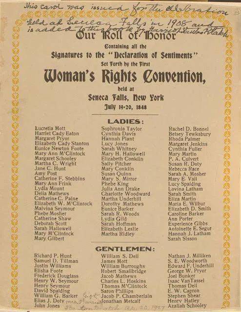 图8.《情感宣言》的签字页面。尤妮丝·富特的名字位于第1列第5行，她的丈夫伊莱沙·富特的名字位于男士区第1列第4行。|图源：Library of Congress, National American Woman Suffrage Association Collection<br label=图片备注 class=text-img-note>
