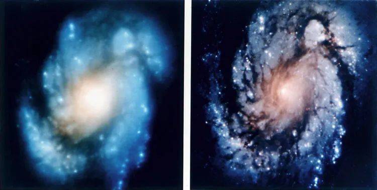 哈勃空间望远镜拍摄图像：左侧为维修前的模糊图像，右侧是矫正后的图像。图源维基百科。