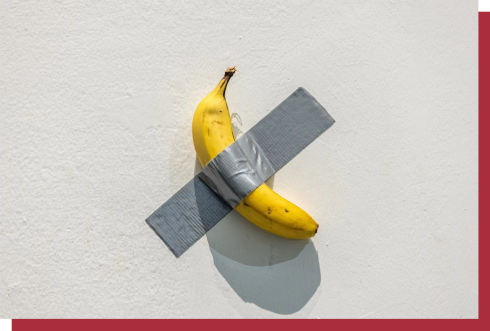 闻名全球的“12 万美元一根的香蕉”—— 艺术家莫瑞吉奥 · 卡特兰的装置作品《喜剧演员》。© UCCA