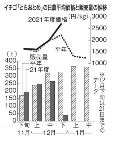 2021年日本草莓王牌枥木少女均价和销售量示意图<br>
