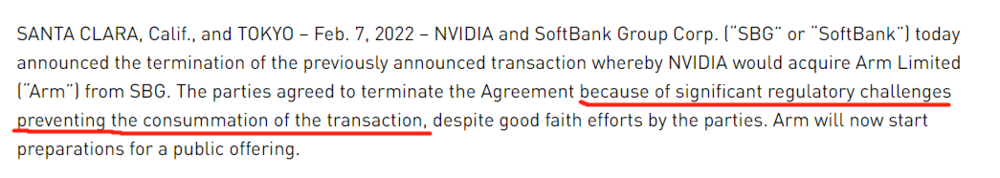 英伟达和软银的联合声明也表示，阻碍收购的主要原因是受到了监管的重大挑战 