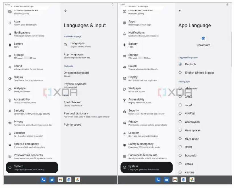App 单独设置语言选项（似乎也是 Android 12L 新特性）图片来自：XDA<br label=图片备注 class=text-img-note>