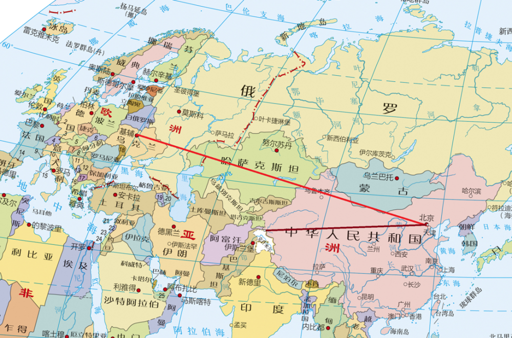 红线为北京到基辅，深红线为北京到帕米尔高原<br>