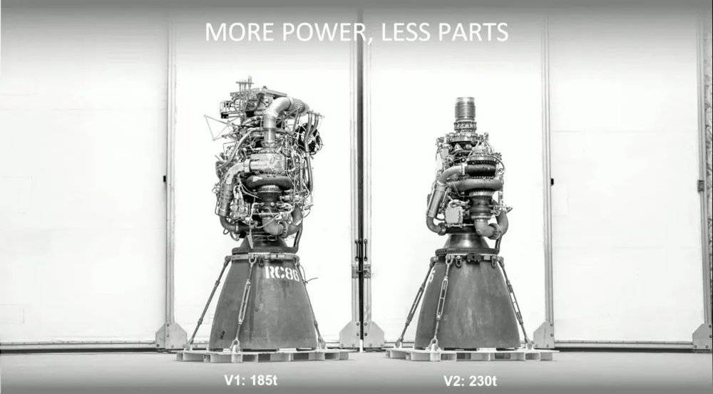 猛禽发动机两个版本对比，可见二代更简洁，推力也更大 | SpaceX<br>