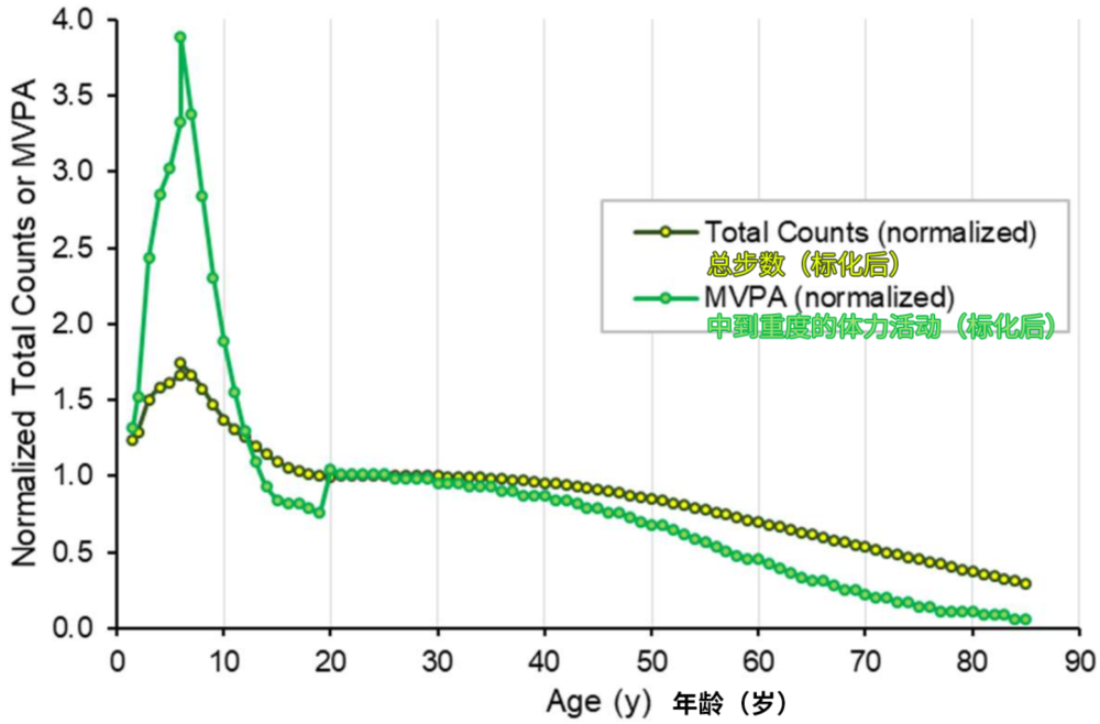 不同年龄的总步数以及中到重度的体力活动量，20～30 岁的还比较平稳，30 岁之后就毫不回头的下滑。图片来源：文献