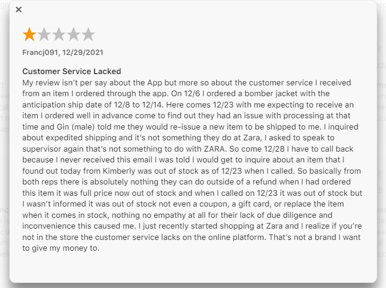 海外用户吐槽 ZARA App 的评论