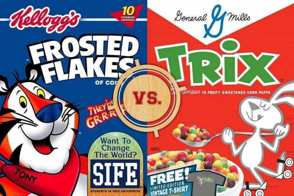 美国最知名的两大广告界的卡通吉祥物——Tony虎和Trix兔，它们分别为谷物品牌家乐氏和Trix果然多代言<br>
