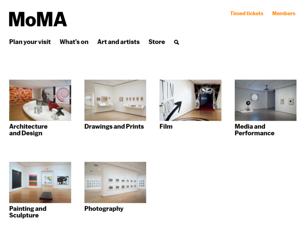 MoMA的策展部门：建筑与设计、图画与印刷品、胶片、媒体与行为、绘画与雕塑、摄影<br>