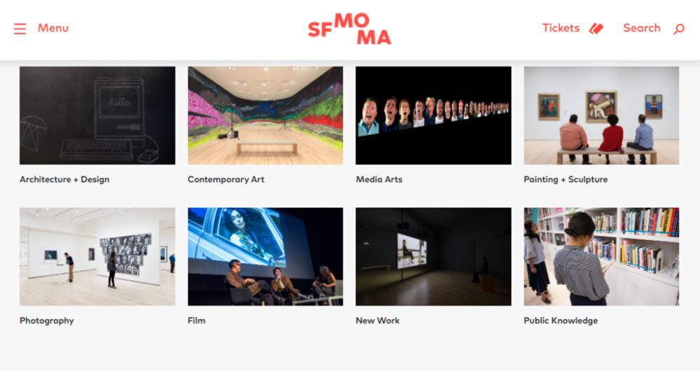 旧金山现代艺术博物馆 (SFMOMA) 的主要策展研究领域：建筑与设计、当代艺术、媒体艺术、绘画与雕塑、摄影、胶片、新作品、公共知识<br>