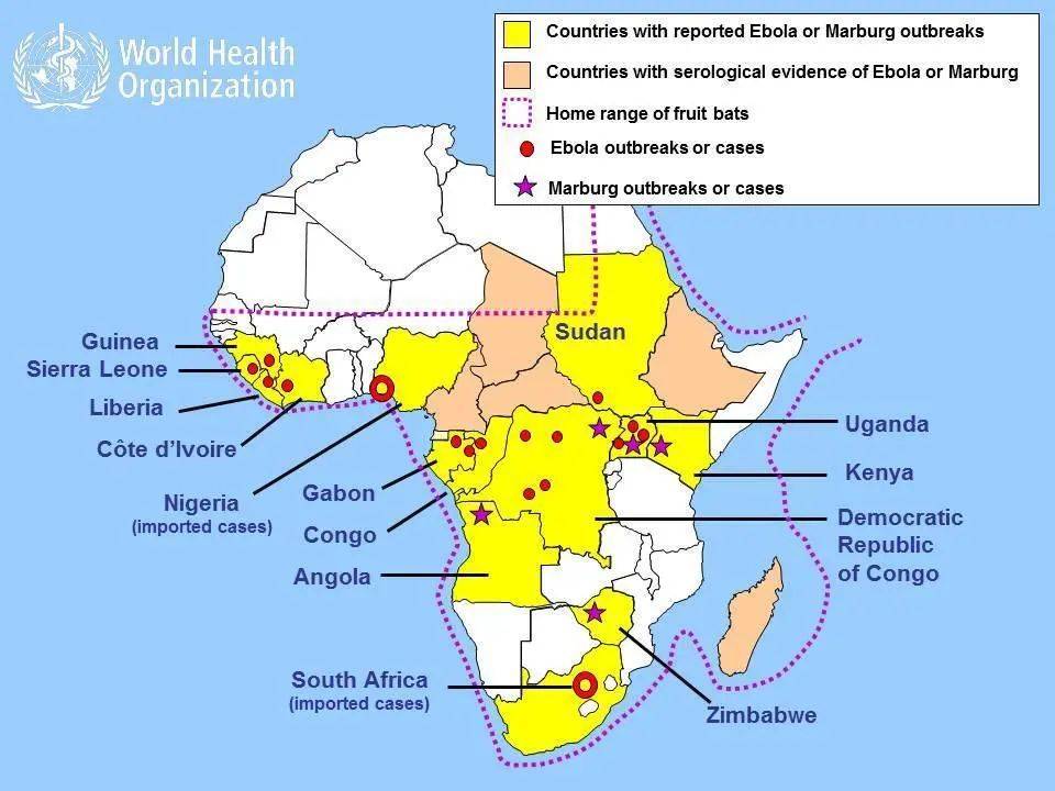 非洲埃博拉和马尔堡疫情以及可能宿主(非洲果蝠)的地理分布(1967-2014) |参考文献[5]<br>