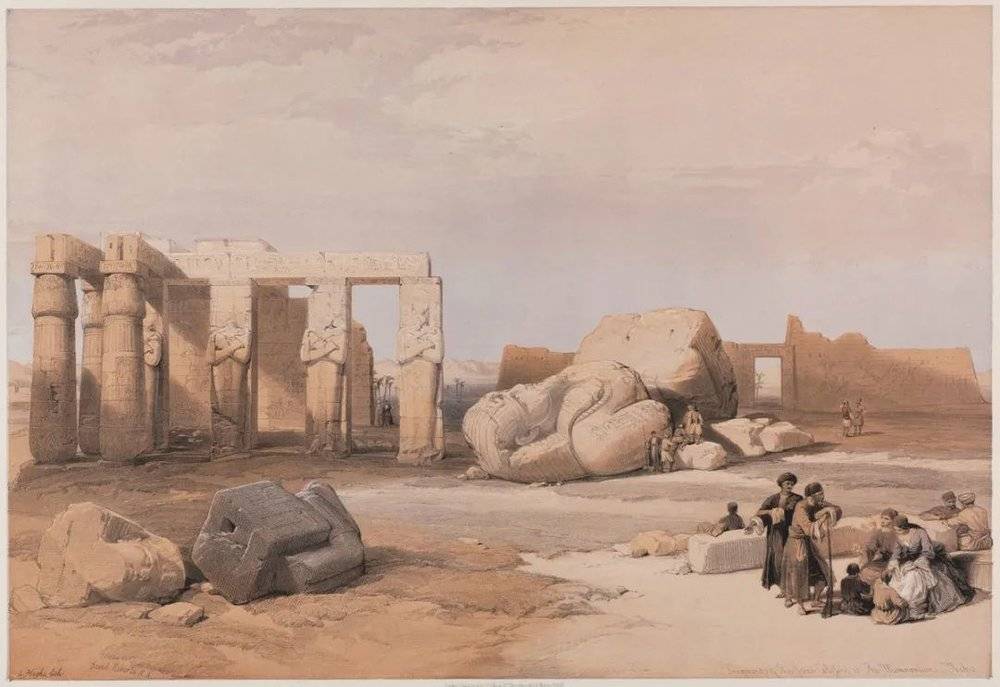 这幅画名为《纪念园巨像的碎片》（Fragments of the Great Colossi at the Memnonium），以大卫·罗伯茨（David Roberts）的水彩画为基础，取自路易斯·哈格（Louis Haghe）创作的版画《埃及与努比亚》（1847年）。© clevelandart<br>