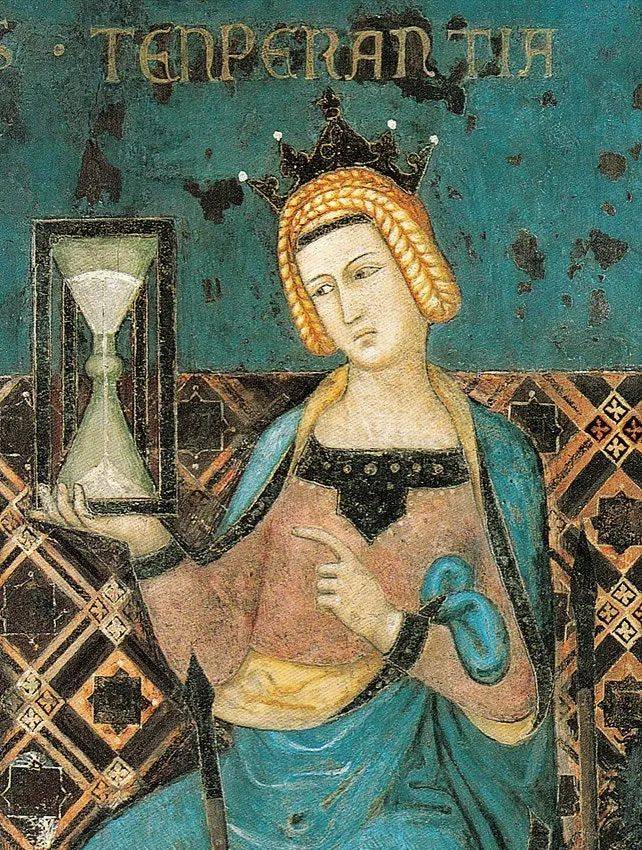 约1338年，安布罗乔·洛伦泽蒂（Ambrogio Lorenzetti）在锡耶纳的帕布利科宫创作的壁画《善政府与恶政府的寓言》（the Allegory of Good and Bad Government），描绘了寓言节欲的细节。© wiki<br>