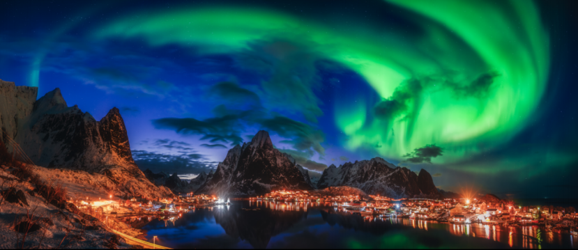 《Reine 上空的龙飞凤舞》摄于挪威北极 lofoten 峡湾 摄影：苏铁