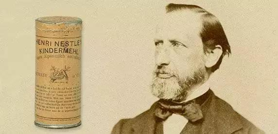 图：创始人亨利·雀巢和他的初代奶粉产品