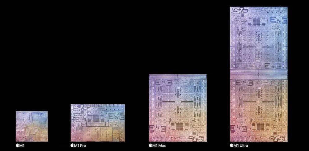 苹果自研M1系列电脑芯片，从左至右：M1、M1 Pro、M1 Max、M1 Ultra<br>