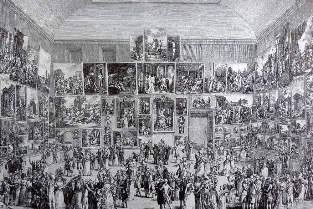 彼得罗·安东尼奥·马丁尼(Pietro Antonio Martini)：《1787年沙龙》(<em>Exposition au Salon du Louvre en 1787</em>)，1787年。版画（来源：commons.wikimedia.org）