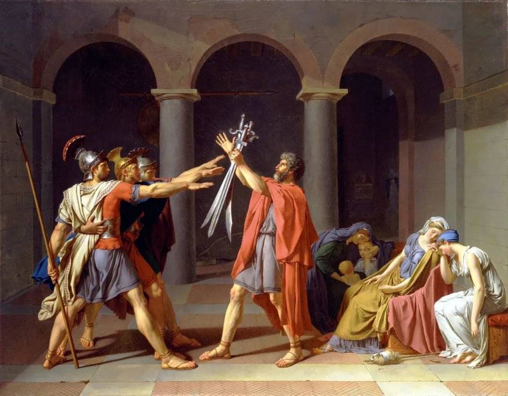 雅克-路易·大卫(Jacques-Louis David)：《贺拉斯兄弟之誓》(<em>Le Serment des Horaces</em>)，1785年，布面油画，330 ×445厘米，巴黎卢浮宫（来源：en.wikipedia.org）