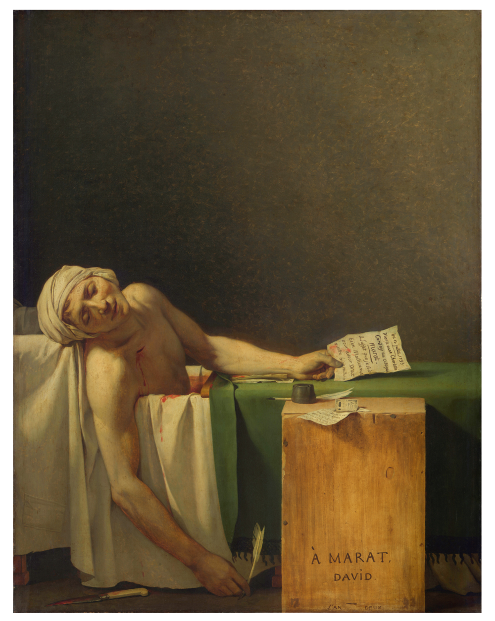 雅克-路易·大卫(Jacques-Louis David)：《马拉之死》（<em>Marat Assassiné</em>），1787年，布面油画，165×128厘米，布鲁塞尔皇家美术馆（来源：commons.wikimedia.org）<br>