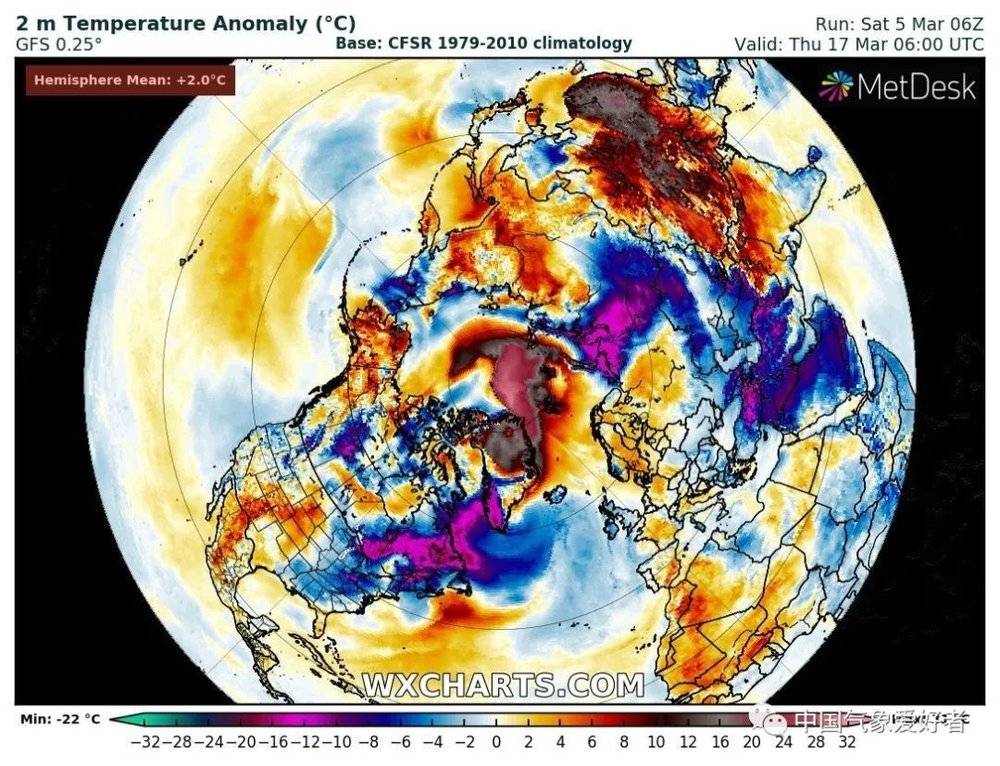 3月17日北极地区850百帕温度距平分布，来自WXCHARTS<br>
