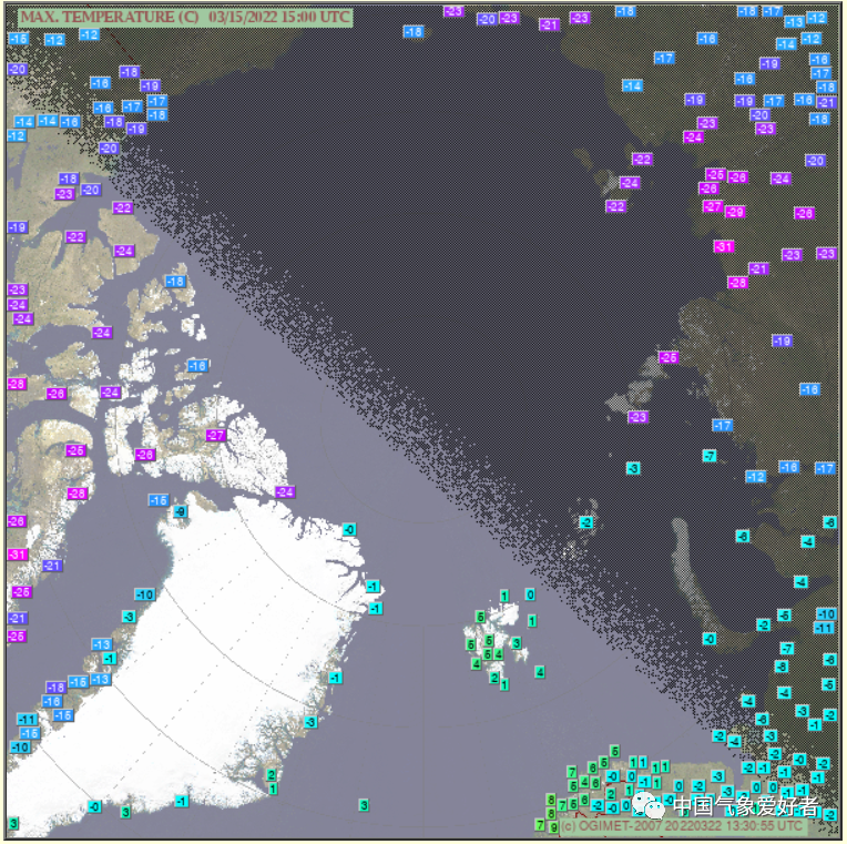 3月中旬北极异常增温时格陵兰及附近地区的高温分布。来自OGIMET<br>