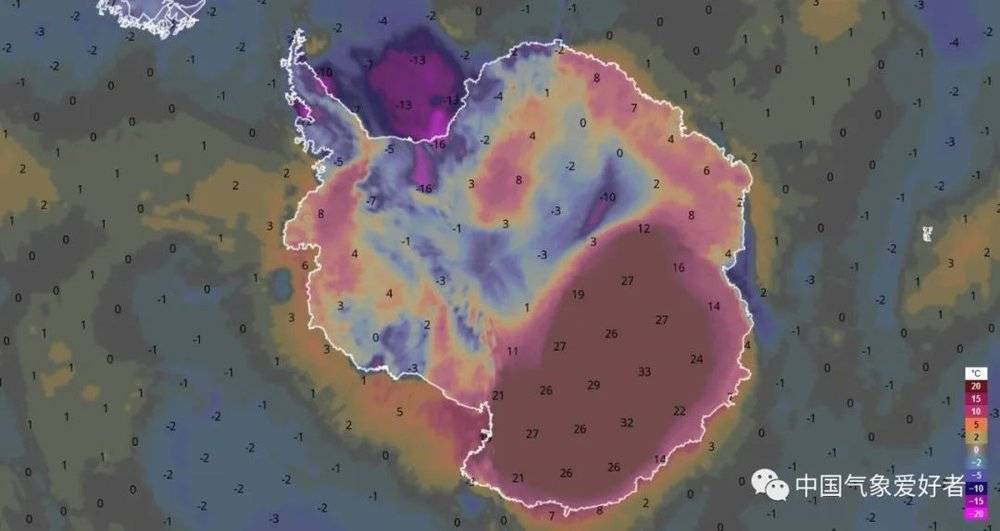 南极850百帕气温偏高示意图，来自NOAA<br>