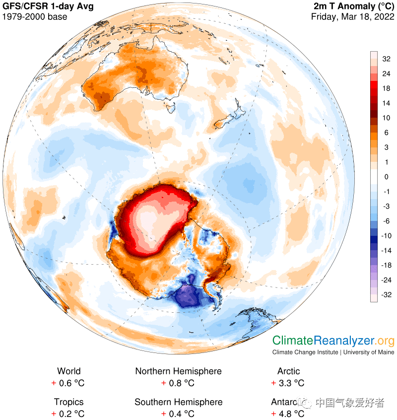 南极850百帕气温偏高示意图，来自climatereanalyzer<br>